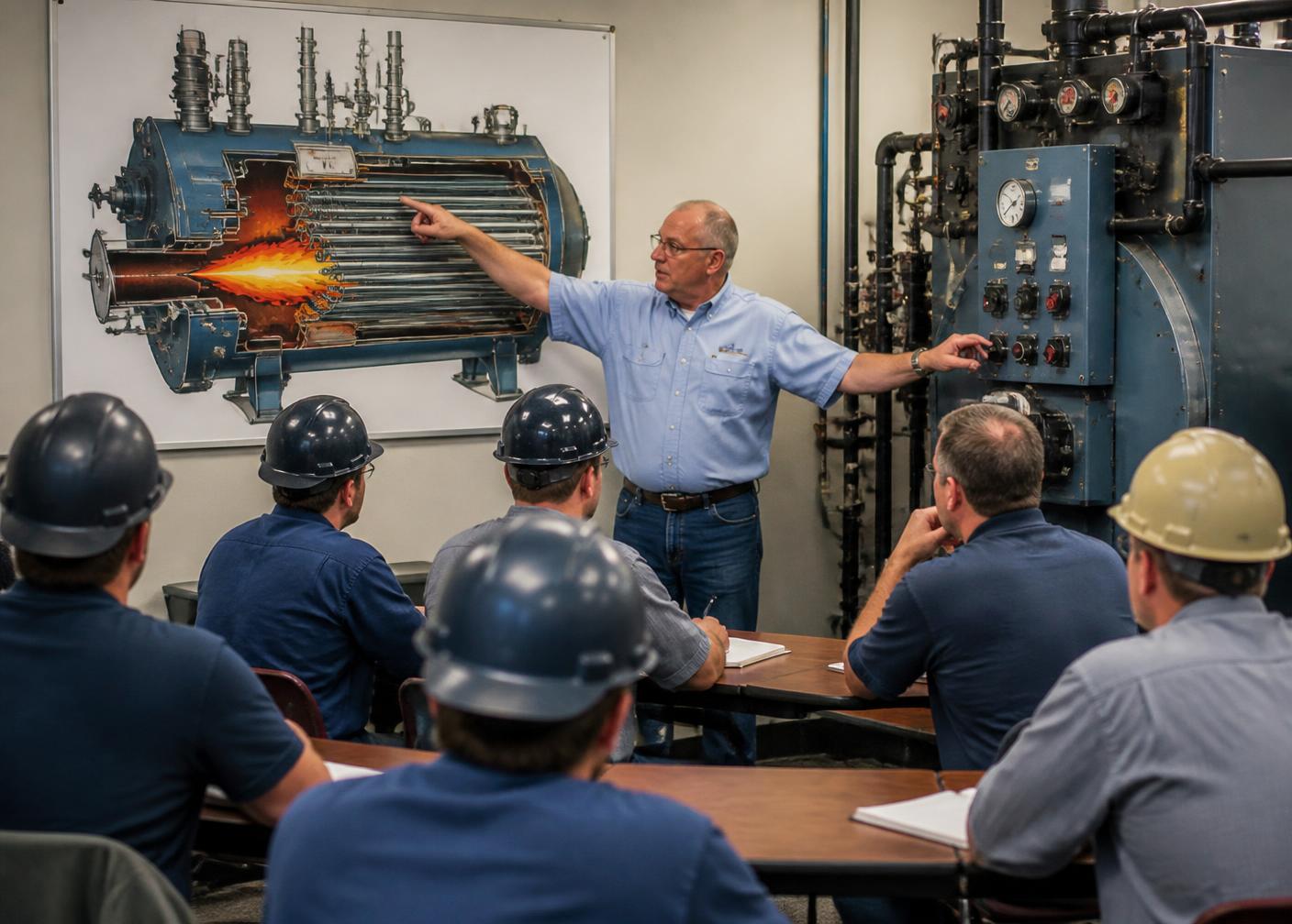 Instructor teaching a boiler operator class beside a control panel