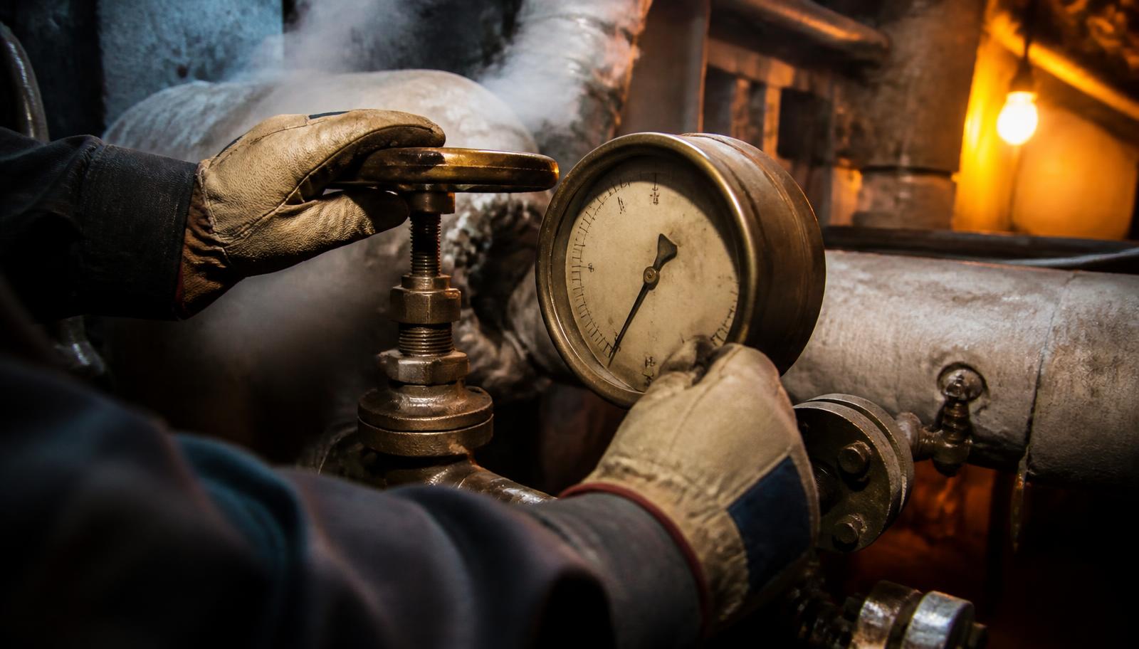 Operator adjusting a steam valve beside a pressure gauge