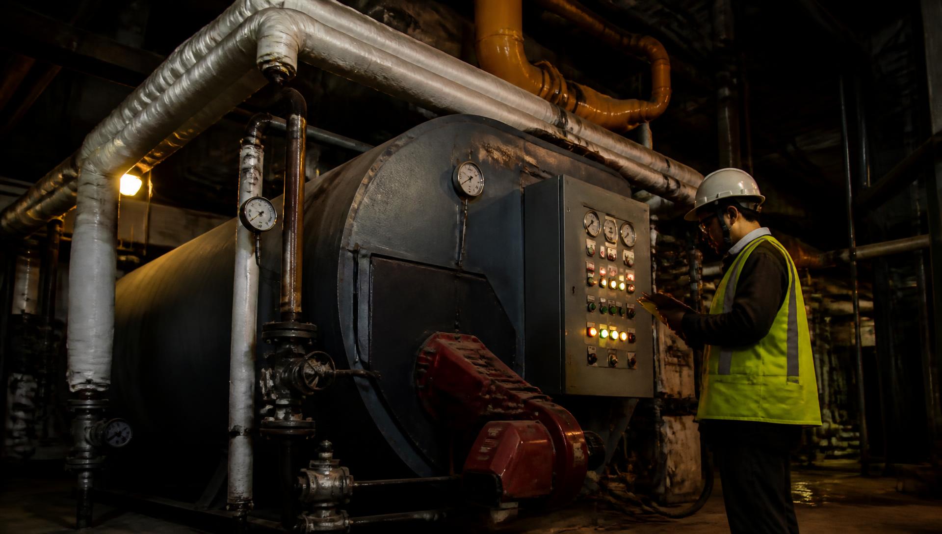 Licensed boiler operator reading a control panel in an industrial boiler room
